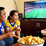 **Image Prompt 1: "Mengukuhkan Ikatan Melalui Sorakan Bersama" (Strengthening Bonds Through Shared Cheers)**
    A vibrant, cozy scene of a multi-generational Malaysian family (parents, teenagers, and a young child) gathered in their living room, deeply engrossed in watching a thrilling football match on a large television. The atmosphere is lively with shared laughter, enthusiastic cheers, and subtle expressions of disappointment. Bowls of popular Malaysian snacks like karipap and chicken nuggets, along with popcorn, are within reach, accompanied by cups of hot Milo and teh tarik. Some family members are wearing team jerseys, their eyes glued to the screen, embodying the warmth of intergenerational bonding and shared emotions during a beloved sports event.
